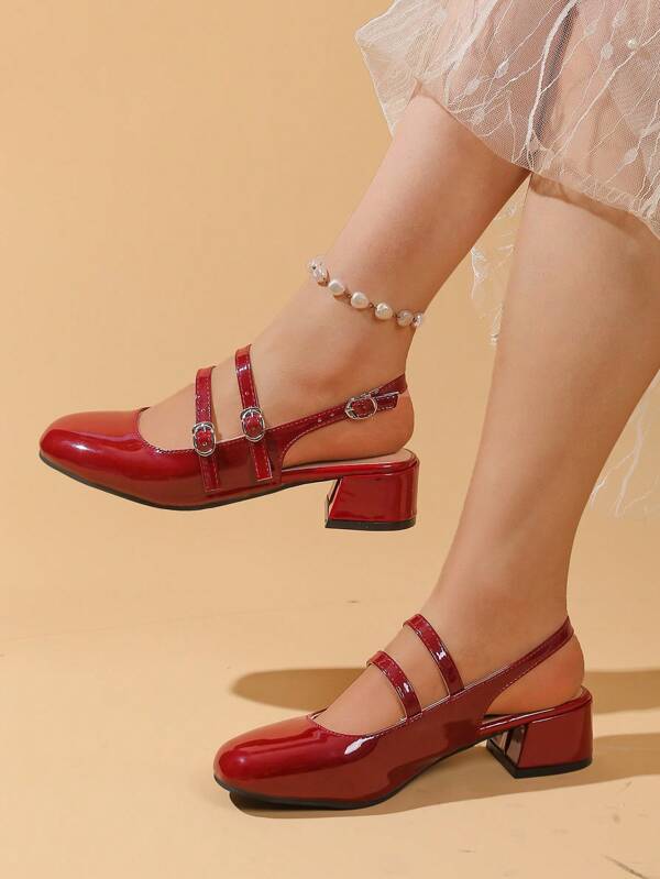 2025 New Red High Heels With Rear Strap, Niche Square Toe Ballerina Shoes, Thick Heel Low Heel Low Vamp Flats, French Retro Patent Leather Little Red Shoes