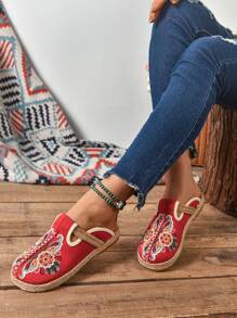 女士花卉图案平底鞋，休闲便鞋，轻便舒适 - 紅色 - 查看 7