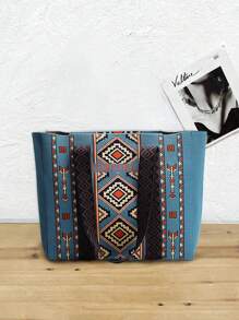Damen Shopper, Blauer Boho-Stil Schultertasche, großer Handtaschenraum für Studentinnen, Bürotasche für Berufspendler, Tasche für Laptop, Tablet-Aufbewahrung