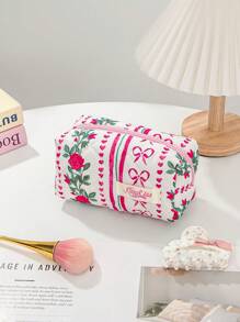 1 PC Vertical Striped Rose Bow Portable Make Up Bag,Fashionable And Casual Large Capacity Portable Zipper Makeup Bags,Travel And Vacation Essentials Cosmetic Bags For Sanitary Napkins,Pouch Pads,Wired Earphones,Earpods,Headphones,Charger,Lipsticks,Cosmetics,Perfume,Skin Care And Beauty Products,Home Decor,For Mom,Women,Nurses,Students,School Girls,Keys,Holiday Gifts Makeup Travel Toiletry Organizer Essentials Gifts Storage Zipper Accessories Nail - Red - View 7