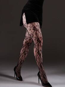 1 件女式高弹力网格连裤袜，时尚性感镂空复古黑色丝袜，适合万圣节、圣诞节、Y2K 风格 - 黑色 - 查看 7