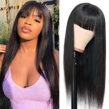 Natural Black Striaight Human Hair Wig With Bangs Human Hair 4x4 Closure Wig With Bangs Straight Glueless Long Wig With Bangs Lace Closure Wigs For Women Virgin Brazilian Human Hair Natural Black - Natural Black - 查看 3