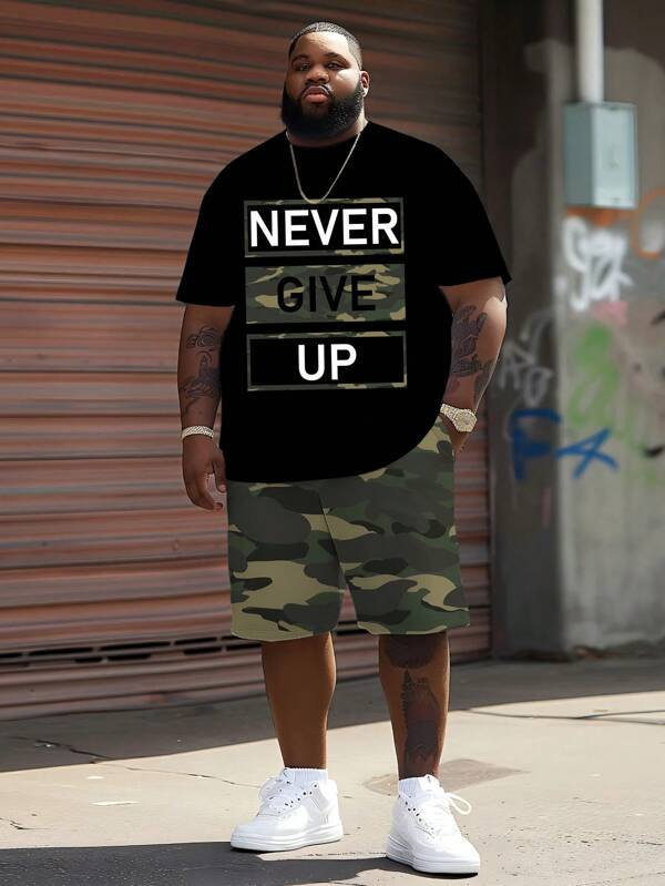 Top à encolure ras-du-cou imprimé en 3D stéréoscopique | Design de camouflage "Ne jamais abandonner" | Tenue à manches courtes pour hommes grands formats | Polyester élastique et respirant | Style casual sportif | Coupe ample pour grands formats | Convient pour les rassemblements quotidiens
