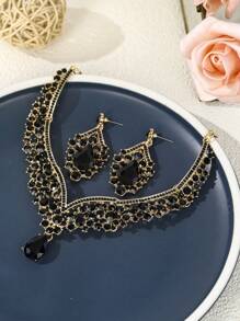 3pcs/Set Women Bride Wedding Necklace & Earrings Jewelry Set, Exquisite Party/Wedding Accessories Combination - Black - View 9