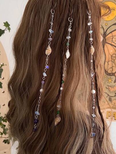 3pcs Vintage Bohemian Style Multicolor Crystal Bead Asymmetrical Shape Hair Accessories, Seashell Decorated Hair Chain, Hippie Style Headpiece Jewelry Set, Suitable For Daily And Holiday Decoration (Crystal Color And Size Varies)