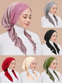 1pc New Solid Color Women Chemotherapy Cap With Lace Trim, Muslim Headscarf Turban Cap - A - View 12