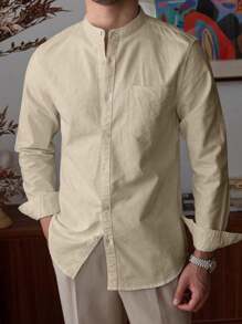 Camisa casual de negocios para hombre de unicolor y cuello mao