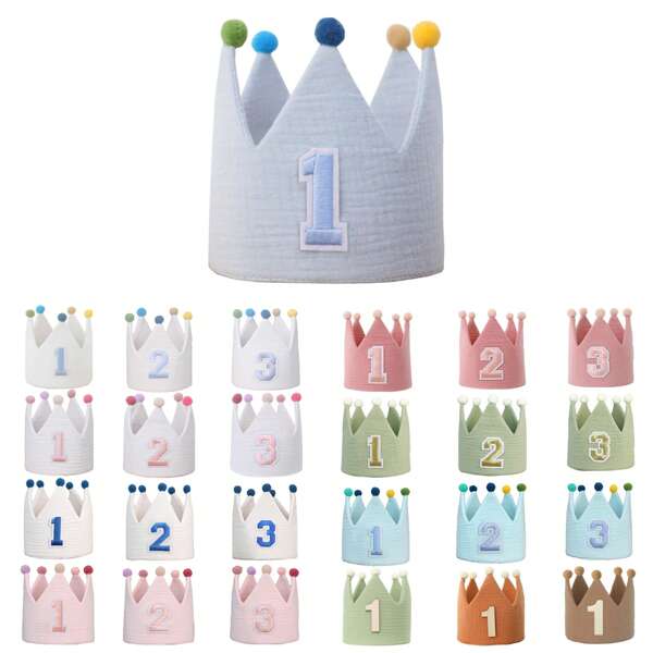 Sombreros decorativos hechos a mano para fiesta de 1er cumpleaños, lindas coronas de cumpleaños con pompones en rosa, azul, blanco, verde, macaron, naranja, hechas a mano