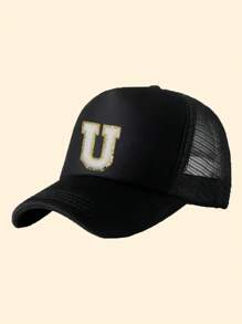 1pc Kids Letter A-Z Print Adjustable Baseball Cap, Sports Hat, Sun Hat, Suitable For Spring, Summer, Autumn - Black - View 19