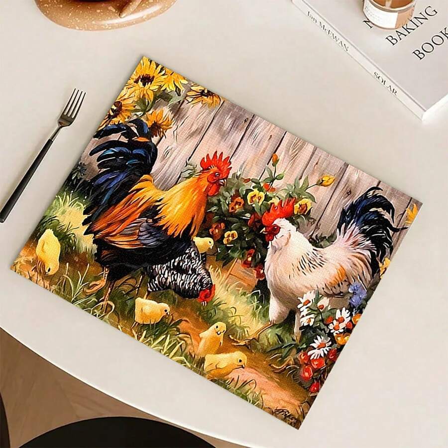 4 件套鸡场印花亚麻餐垫 - 100% 编织亚麻矩形桌垫，适用于餐厅、厨房 - 可洗、防滑、耐热餐垫，适用于咖啡桌、餐桌装饰