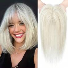 女士优雅直发顶饰，真人头发，10 英寸雷米发夹式皇冠接发，适合稀疏头发，手工绑扎 7x9 区域，Vsrhair 细刘海 - S銀灰色 - 查看 1