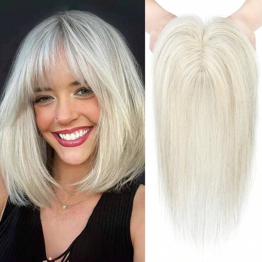 女士优雅直发顶饰，真人头发，10 英寸雷米发夹式皇冠接发，适合稀疏头发，手工绑扎 7x9 区域，Vsrhair 细刘海 - S銀灰色 - 查看 1