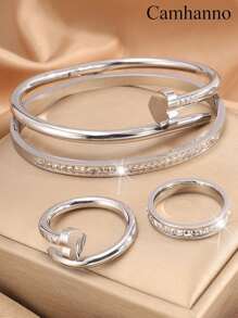 Camhanno 4 Pieces Of Exquisite, Gorgeous And Elegant, Atmospheric And Fashionable Stainless Steel Love Nail + Bracelet + Ring Set Is Suitable For Daily Wear, Holiday Girlfriends - Silver - View 14