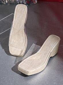 2025 新款夏季女士系带坡跟厚底厚底一脚蹬凉鞋，时尚简约百搭沙滩拖鞋，加大码 - 無色 - 查看 7