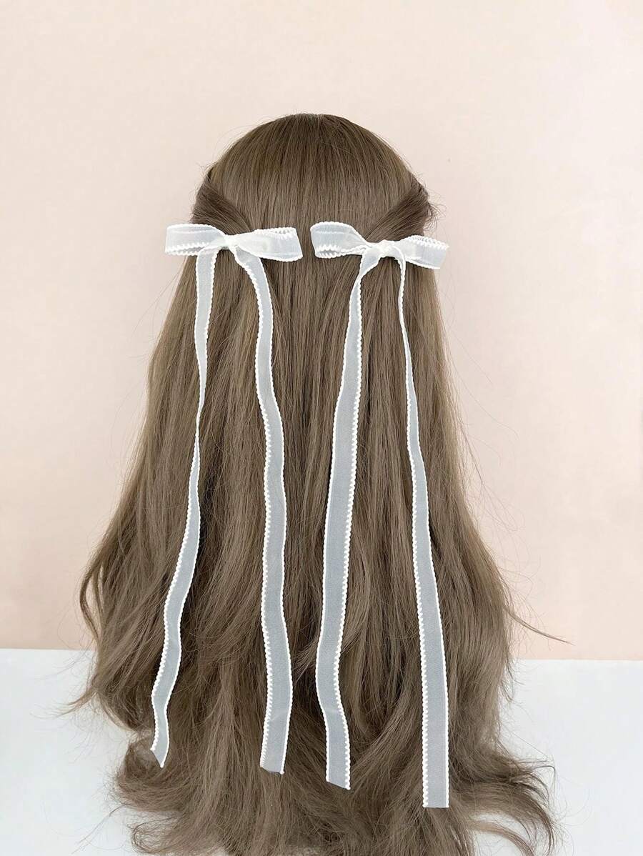 2pcs Minimalist Versatile Bowknot Long Streamer Hair Clips Claw Clips Hair Slide Hair Barrettes - White - View 1