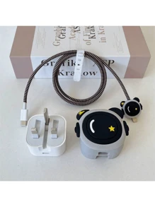 4pcs Cute & Fun UK Designed 20W Fast Charger Accessories Set - Protective Case, Cable Protector Sleeve (Cat Paw/Lightning Dinosaur/Glasses Dog/Astronaut Pattern, Charger Head & Cable Not Included) - Multicolor - View 4
