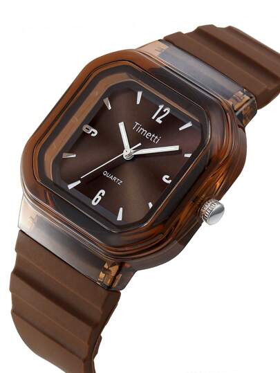 1pc Women Af dable Square Minimalist Silicone Strap Quartz Wrist Watch, Wear view 5