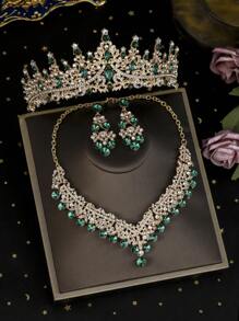 1 套金色新新娘配饰，经典绿水晶装饰新娘皇冠，奢华项链和耳环 3 件套婚纱 - 金色 - 查看 7