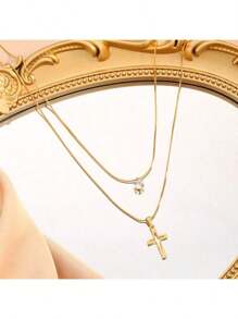 New Vintage Minimalist Rhinestone Cross Pendant Necklace, Double Layer Stainless Steel Clavicle Chain, European And American Fashion