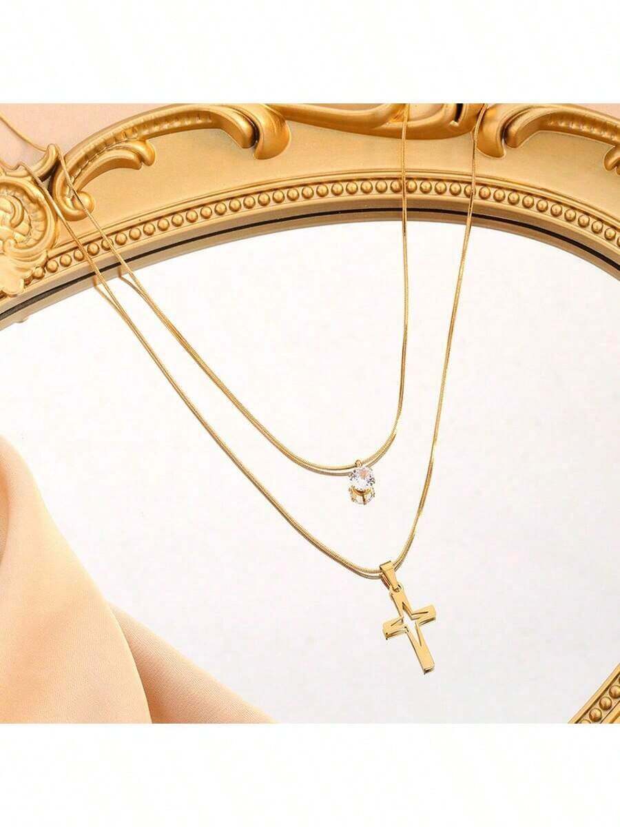 New Vintage Minimalist Rhinestone Cross Pendant Necklace, Double Layer Stainless Steel Clavicle Chain, European And American Fashion