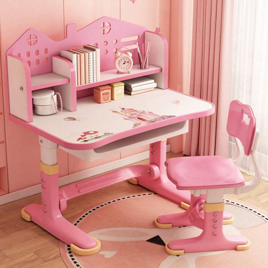 Kids Functional Desk Chair Set, Height Adjustable Children School Study Desk With Castle Backboard, Widened Desktop, Bookstand And Storage Drawer - Pink - View 1
