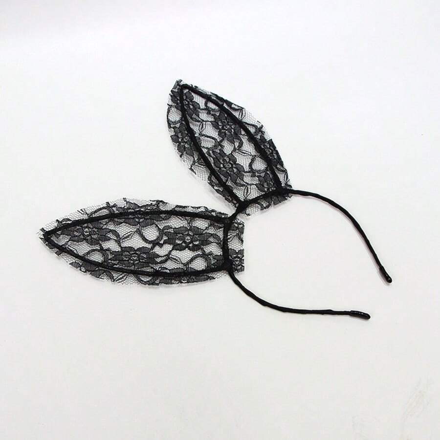 1pc New Lace Rabbit Ear Headband Cute Sexy Headpiece Hair Clip Veil Headdress Accessory Halloween - Black - View 1