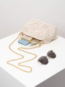 花卉镂空编织沙滩钱包、金属链斜挎包、女士仿珍珠手提包、女士优雅包包、婚礼用品、迷人晚装手拿包、节日必备品、派对礼服配饰（图案随机） - 杏色 - 查看 1