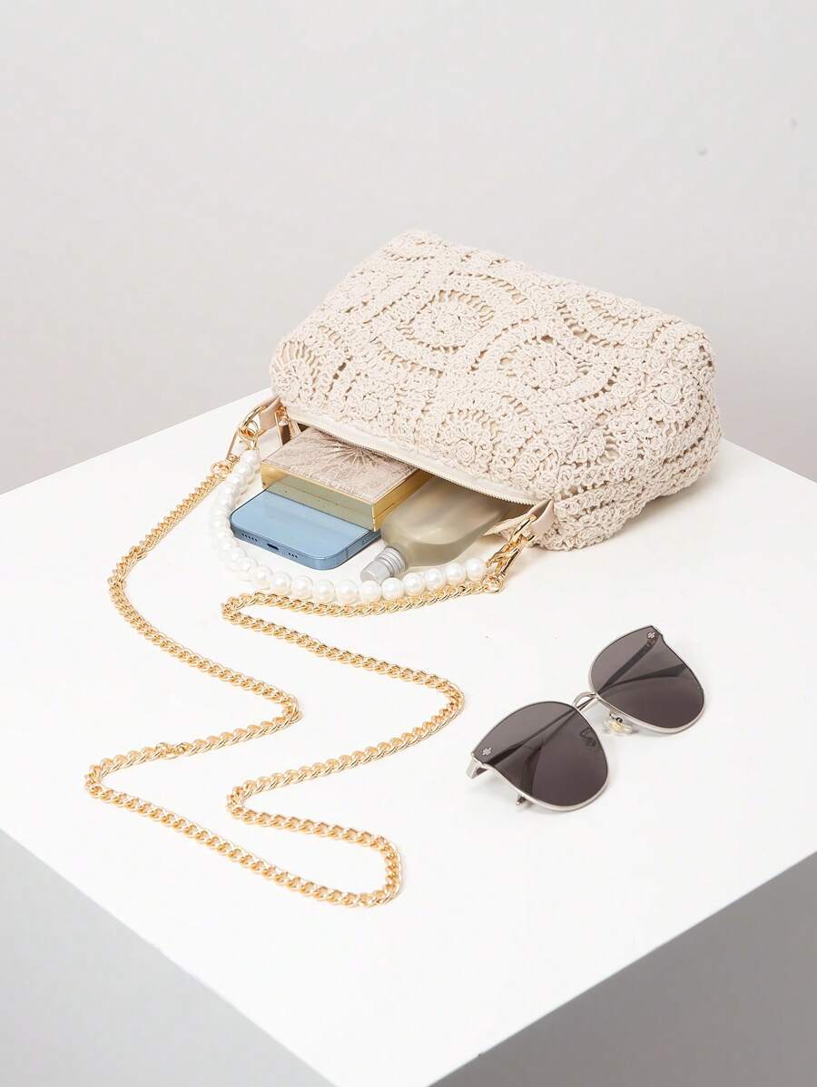 花卉镂空编织沙滩钱包、金属链斜挎包、女士仿珍珠手提包、女士优雅包包、婚礼用品、迷人晚装手拿包、节日必备品、派对礼服配饰（图案随机） - 杏色 - 查看 1