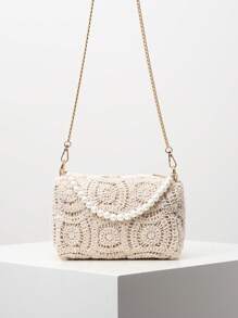 花卉镂空编织沙滩钱包、金属链斜挎包、女士仿珍珠手提包、女士优雅包包、婚礼用品、迷人晚装手拿包、节日必备品、派对礼服配饰（图案随机） - 杏色 - 查看 3