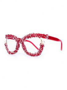 1pc Oversized Round Fashionable Glasses With Diamond Studded Half Frame, Personalized Multifunctional Glasses Frame, Transparent Glasses, Shiny Accessories - 無色 - 查看 14