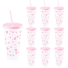 5/10pcs Pink And Red Ribbon Bow & Heart Plastic Tumblers With Straws And Lids, Ribbon Bow Flat Bottomed Cup, Pink Plastic Cup, Coffee Mug, Reusable, Suitable For Cold Drinks, Home, Office, Decoration, Party Gifts, Daily Use, Weddings, Commemoration Day, Afternoon Tea, Valentine's Day, Birthday, Parties, Water Bottle Back To School