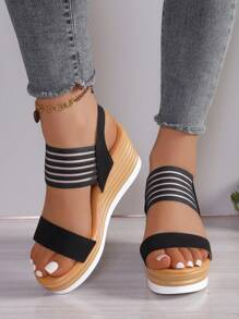Strap Buckle Platform Wedge Sandals, Comfortable Thick Sole Open Toe High Heels - Black - View 3