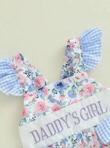Baby Girls Romper Fly Sleeve Flower Print Embroidery Letters Bow Infant Bodysuit Summer Clothes - Màu xanh lam - Xem 4