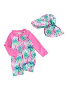 Toddler Girls Beach Swimwear Long Sleeve Floral/Tropical Tree Print Zip Up Bathing Suits With Hat - Green - View 8