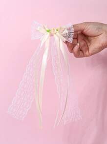 2pcs Beige Bow Hair Clips,Lace Long Tail Hairpins,Flowers Bow Hair Accessories For Toddlers Kids Spring Summer Gifts