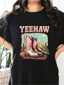 Texas Cowgirl Dessert Western Yeehaw T-Shirt Short Sleeve Round Neck Casual Top For Summer & Spring, Women's Clothing - 黑色 - 查看 1