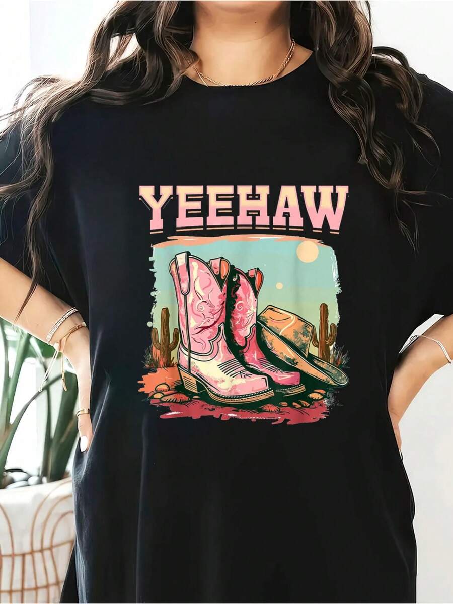 Texas Cowgirl Dessert Western Yeehaw T-Shirt Short Sleeve Round Neck Casual Top For Summer & Spring, Women's Clothing - 黑色 - 查看 1