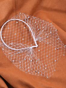 一套新娘头饰套装，包含仿水钻和珍珠、面纱、网纱发箍，黑白相间，复古舞会配饰，女孩发饰面纱水钻仿珍珠发箍，优雅头饰 - 彩色 - 查看 3