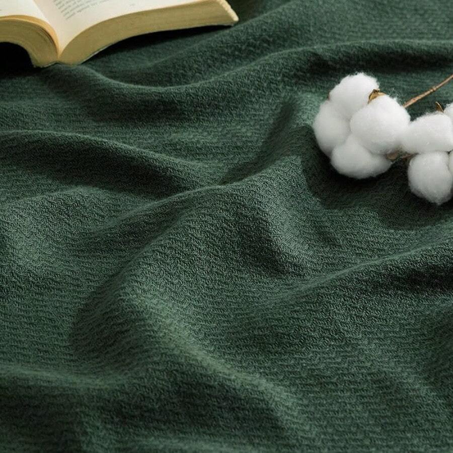 % Cotton Twin XL Size Bed Blanket - Breathable, Lightweight, Soft Cozy Herringbone Woven Summer Blanket College Dorm, White, 66x90 Inches - 10 - 深綠色 - 查看 1
