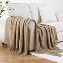 Tan Throw Blanket For Couch Sofa, Boho Decorative Throw Blanket With Fringe, Taupe Knitted Blanket Throws, Home Decor, 50"X60"