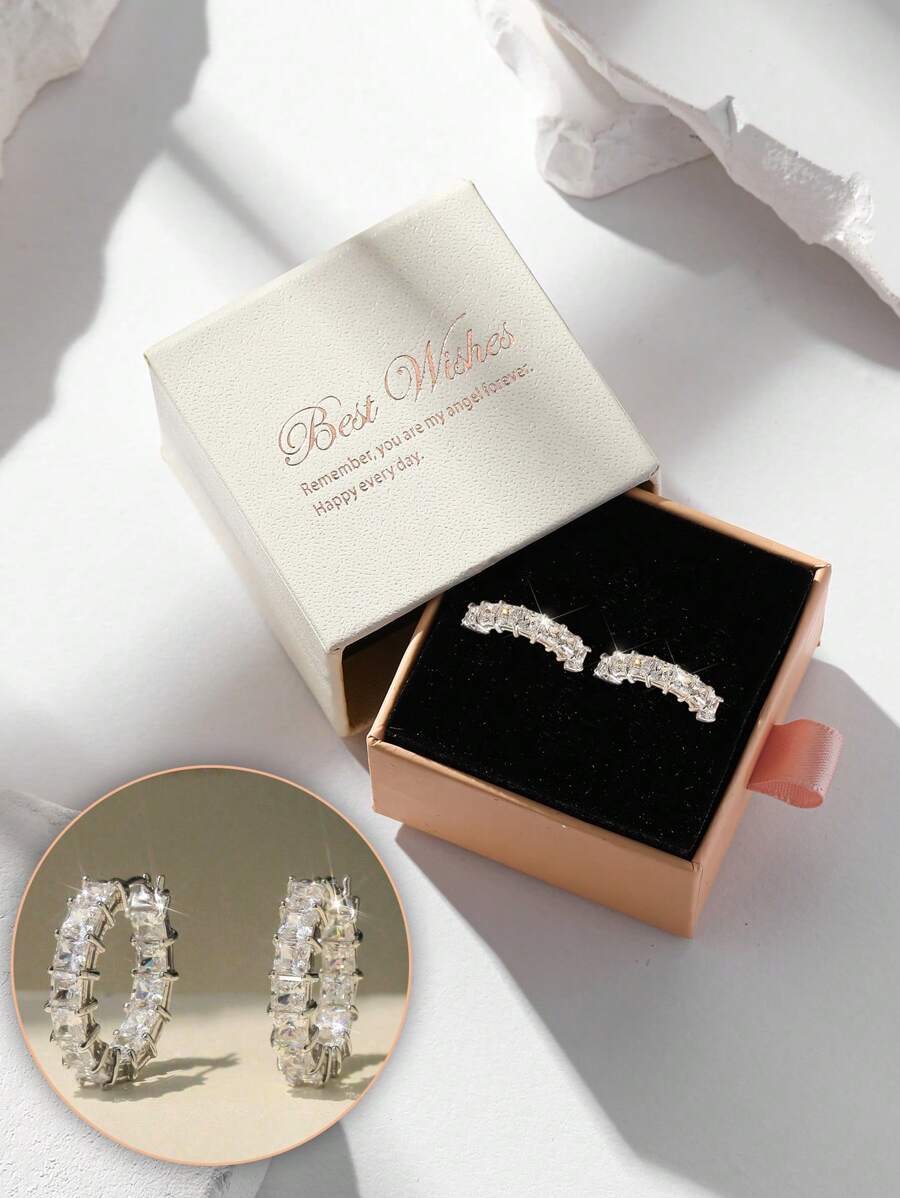 2 件套奢华水钻女士耳环，方晶锆石派对圈形耳环，适合婚礼、订婚、情人节礼物