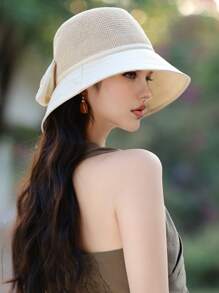 1pc Elegant Bowknot Decor Ladies Summer Bucket Hat, Breathable, Comfort, Wide Brim Sun Protection, Retro Lady Style, Foldable, Suitable For Everyday, Friend Gathering, Beach, Travel, Mother's Day Gift - A - View 11