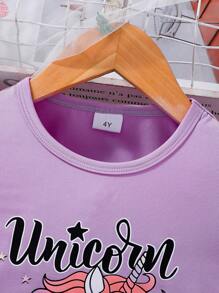 Young Girls Unicorn Print Short Sleeve T-Shirt And Shorts Set, Casual And Fashionable For Everyday Wear