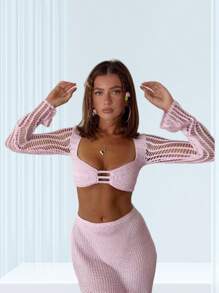 Women Summer Bikini Coverups 2pcs Outfit Set Beachwear Long Dress Crochet Knit Hollow Out Long Sleeve Off Shoulder Crop Top + Long Maxi SkirtsSexy Sundress Swimsuit Cover Ups - Pink - View 7