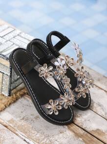 1 Pair Infant/Toddler Girls Rhinestone Sunflower Jelly Sandals, Transparent Strap, Flat, Round Toe, Elastic, Non-Slip, Fashionable, Cute, Comfortable, Casual, Suitable For 3-15 Years Old Boys And Girls, School, Gathering, Wedding, Indoor, Outdoor, Beach, Spring/Summer