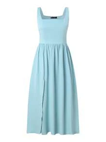 ZANZEA Women Summer Square Neck Sleeveless High Waist Split Tank Sundress Holiday Party A-Line Swing Long Dress - 綠色 - 查看 3