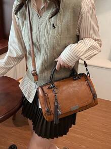 流苏装饰手提包，女士大容量单肩包，时尚拉链斜挎包，带可拆卸肩带 - 棕色 - 查看 3