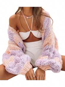 Women Sweaters, Contrast Color/ Solid Color Long Sleeve Loose Knitted Cardigan For Fall Winter, S/M/L - Purple - View 1