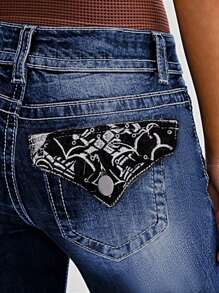 Ladies' Elegant Mid Waist Flared Jeans With Exquisite Pocket Design, Suitable For All Seasons, Perfect For Daily Outings, Cocktail Party, Party, Christmas, Nightclub, Banquet, Film Festival, Cinema, Dance Party, Cocktail Party, Bar, Wedding, Graduation Ceremony, Back-To-School, Birthday Party, Rebellious Girl, Festival-Themed Party, Outwear, Street Fashion, Fashion Show, Date, Easter, Mother's Day, Going To Work At University, School, Village, Concert, Street Girl, Young Girl, Country Outfits For Women, Best Outwear For Women, Women's Vacation Clothing, Country Concert Outfit, Country Outfits For Women, Streetwear, Concert Outfit For Women, Boho Women's Clothing, Country Concert Outfit, Concert Outfits, Vaquera Outfit, Y2K Clothes, Women's Club Outfits, Y2K Women's Clothes, Women's Clothing, Country Concert Outfit For Women - 深藍色 - 查看 4