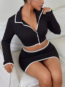 Rave Y2K 2Pcs Color Block Binding Trim Button Fly Long Sleeve Crop Top & Bodycon Mini Skirt Knit Sweater Set - Black - View 3
